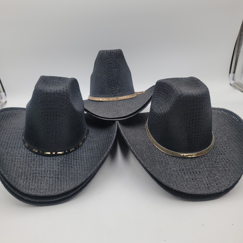 7pc Santo Nino Black Straw Cowboy Hat Made in Mexico Vintage Western 6 3/4
